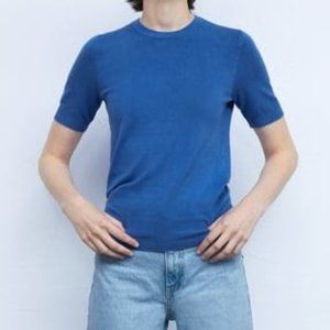 NWT Zara Blue Short-Sleeve Sweater – Gold Button Detail
